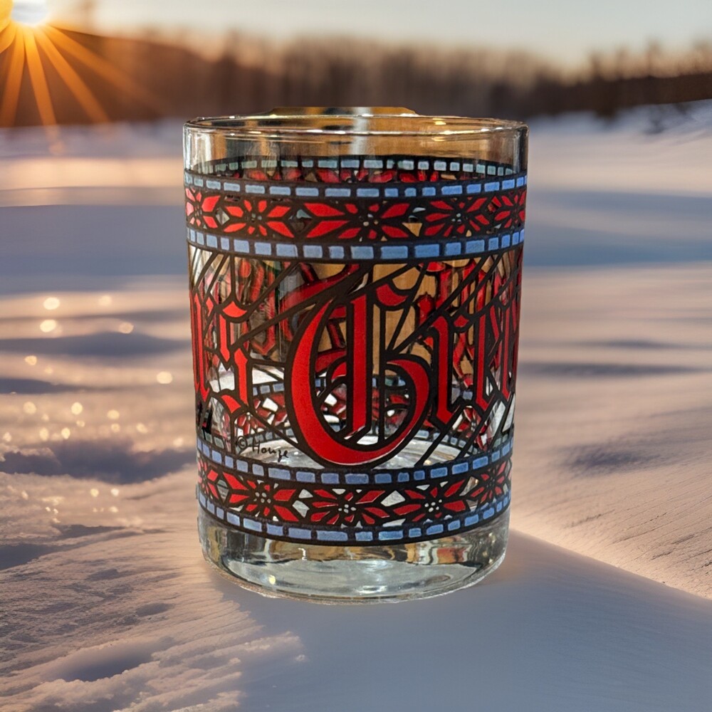 Vintage 70s Seasons Greetings Glass Houze Christmas MCM Barware